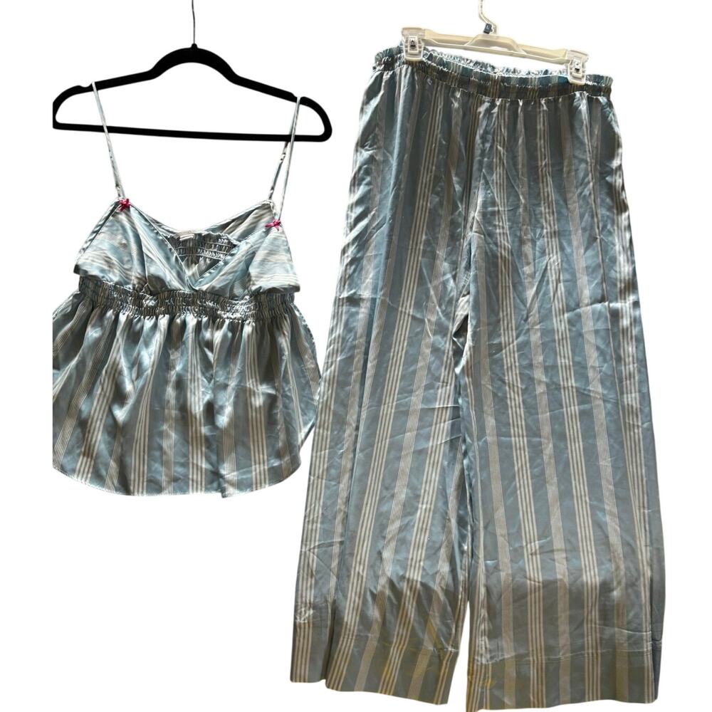 Victoria’s Secret Blue Striped Pajama Set – Satin Cami & Wide Leg Pants Large